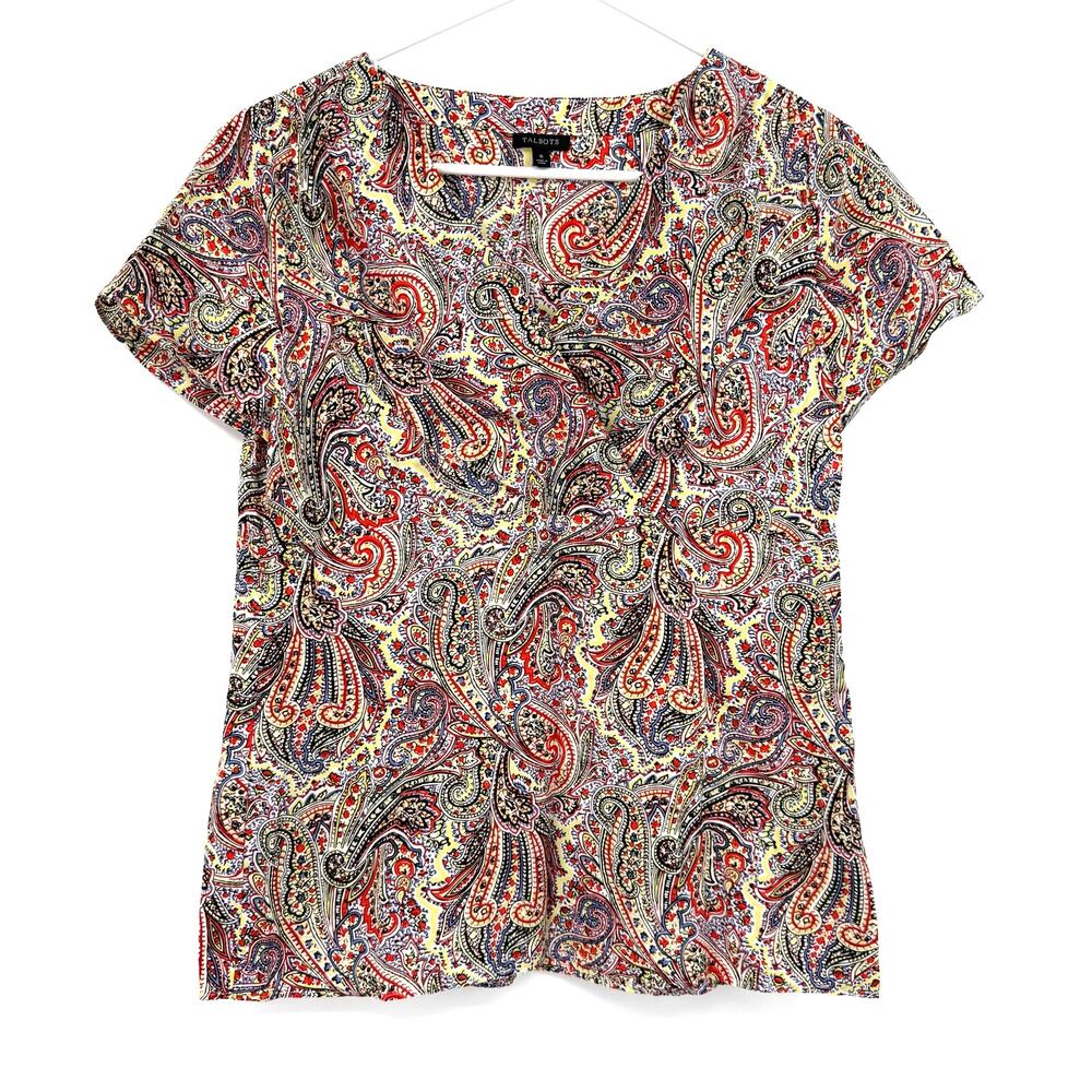Talbots Size 6 Short Sleeve‎ Blouse Silk Blend Paisley Print Red Yellow Blue